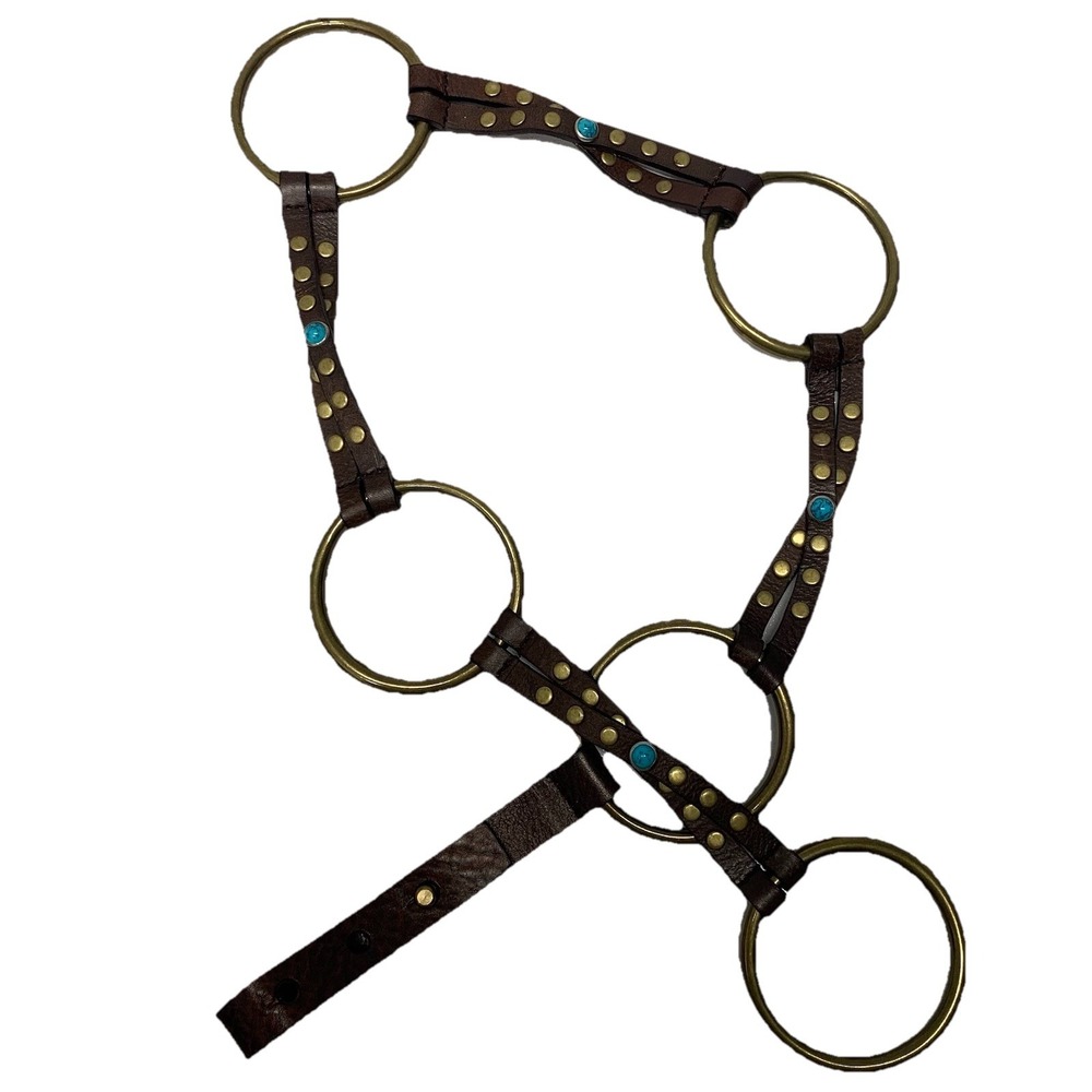 Brown Leather Brass O Ring Belt Woman‎ Studs Turquoise Colored Stones  Western